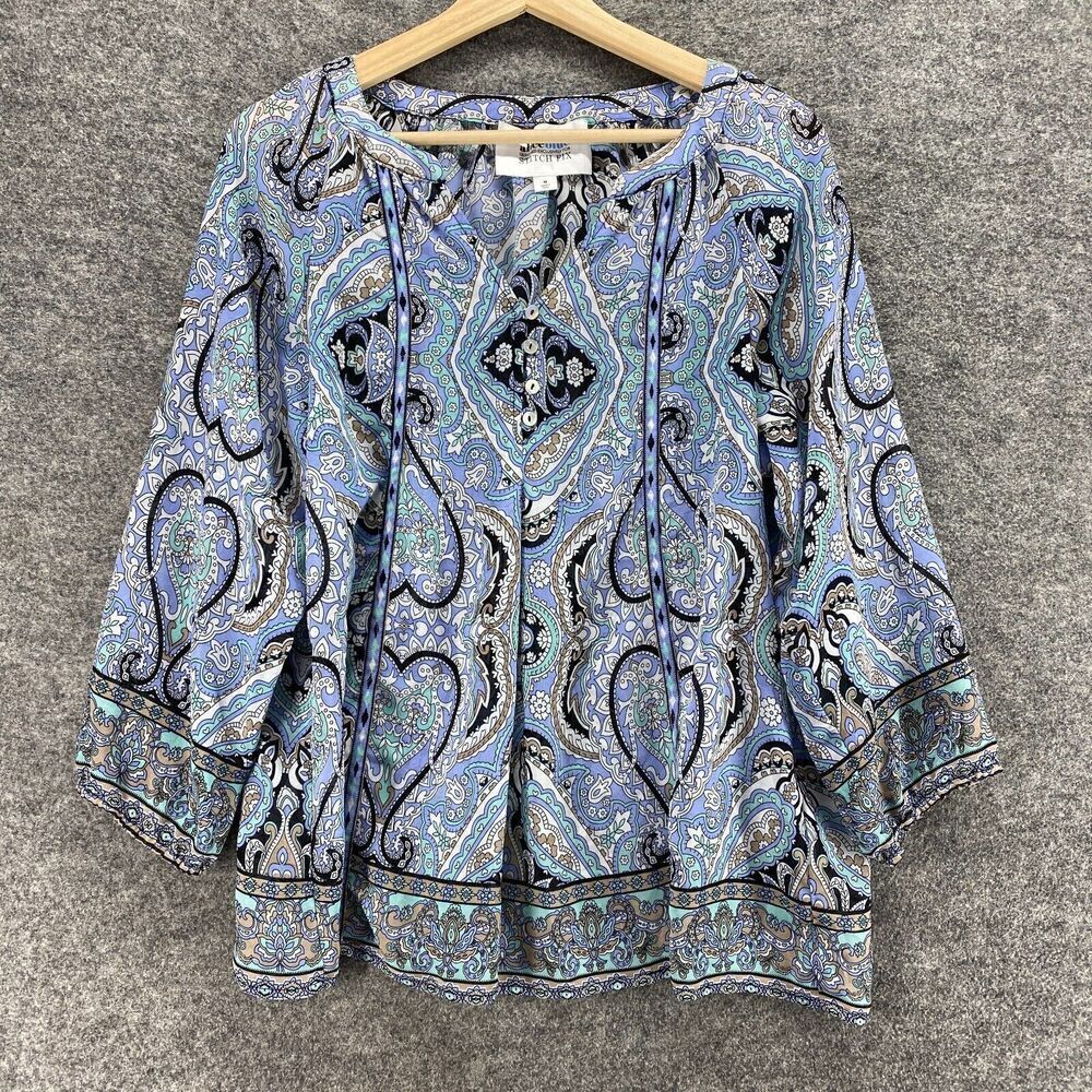 5/$45 Alice Blue Blouse Women M Medium Blue Geometric V-Neck Stitch Fit